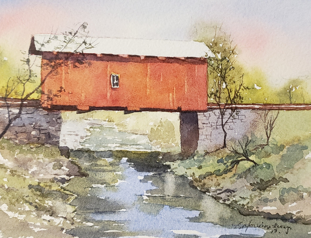 Red Covered Bridge, Original Watercolor Painting by Eclectic Studio (Canada) 2021
