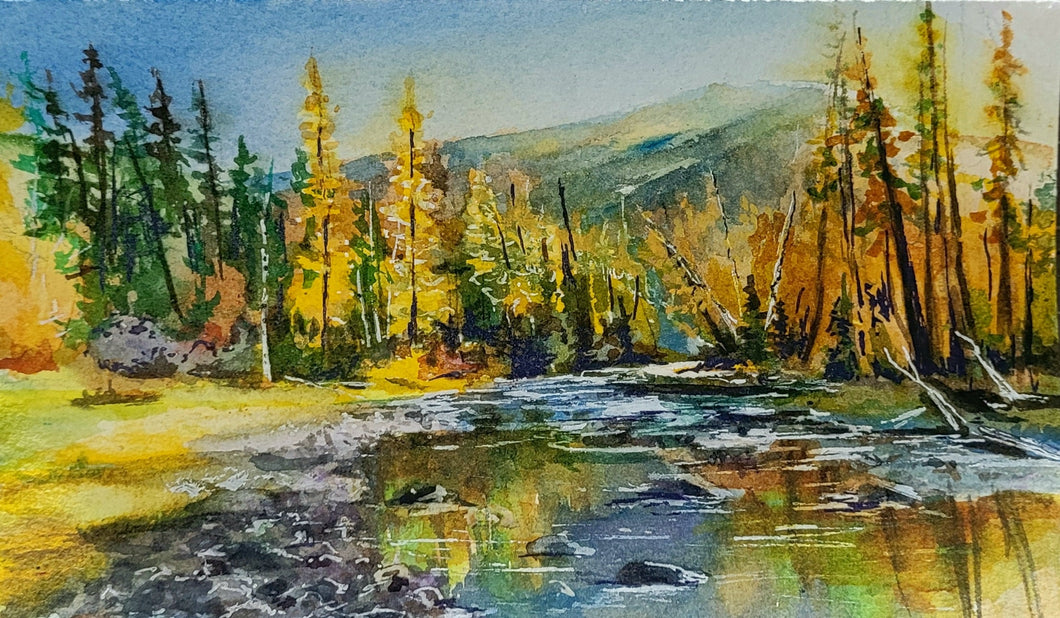 Beautiful Watercolor of the Moyie River in the Fall 1, Original painting by Tammy Morrison-Koenig (Canada) 2021